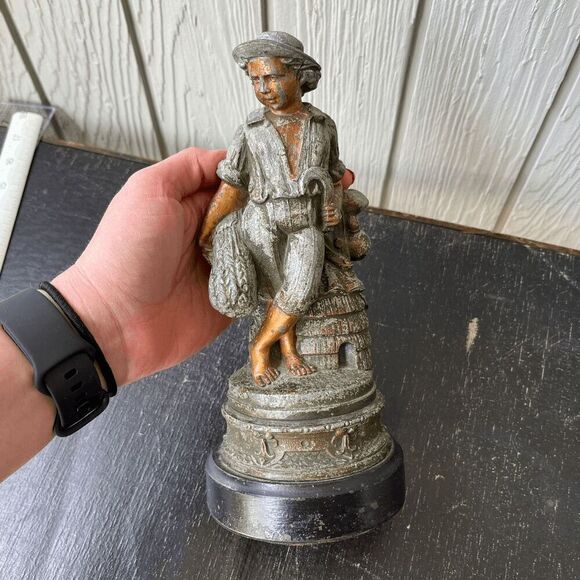 Vintage Pewter Boy with Beehive Statue Painted Folk Art Decor - Picture 8 of 11